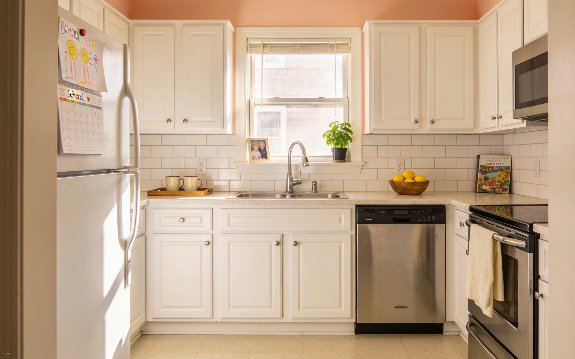 A North Shore kitchen after a Selesa clean: clear counters, a shining sink and a swept floor.