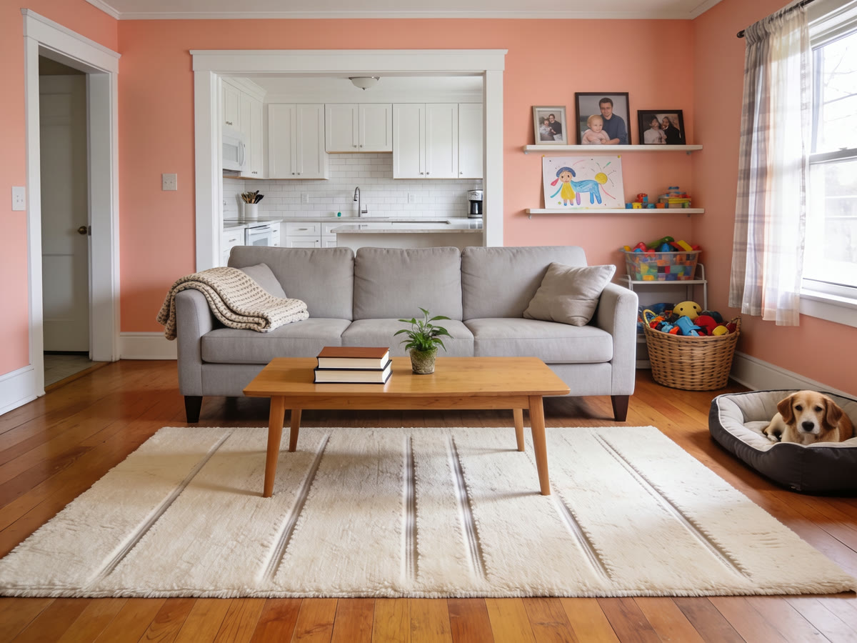 A tidy living room after a recurring Selesa clean, with vacuumed rugs and dusted shelves.
